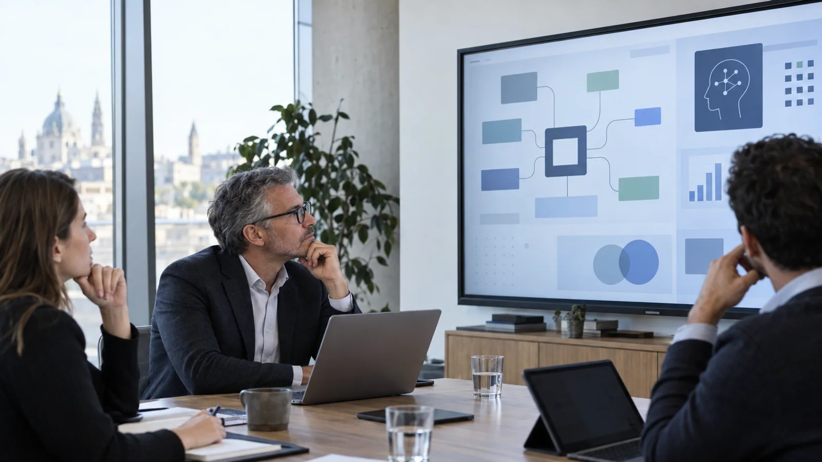 A technology executive and colleagues review an abstract digital workspace in a modern office.