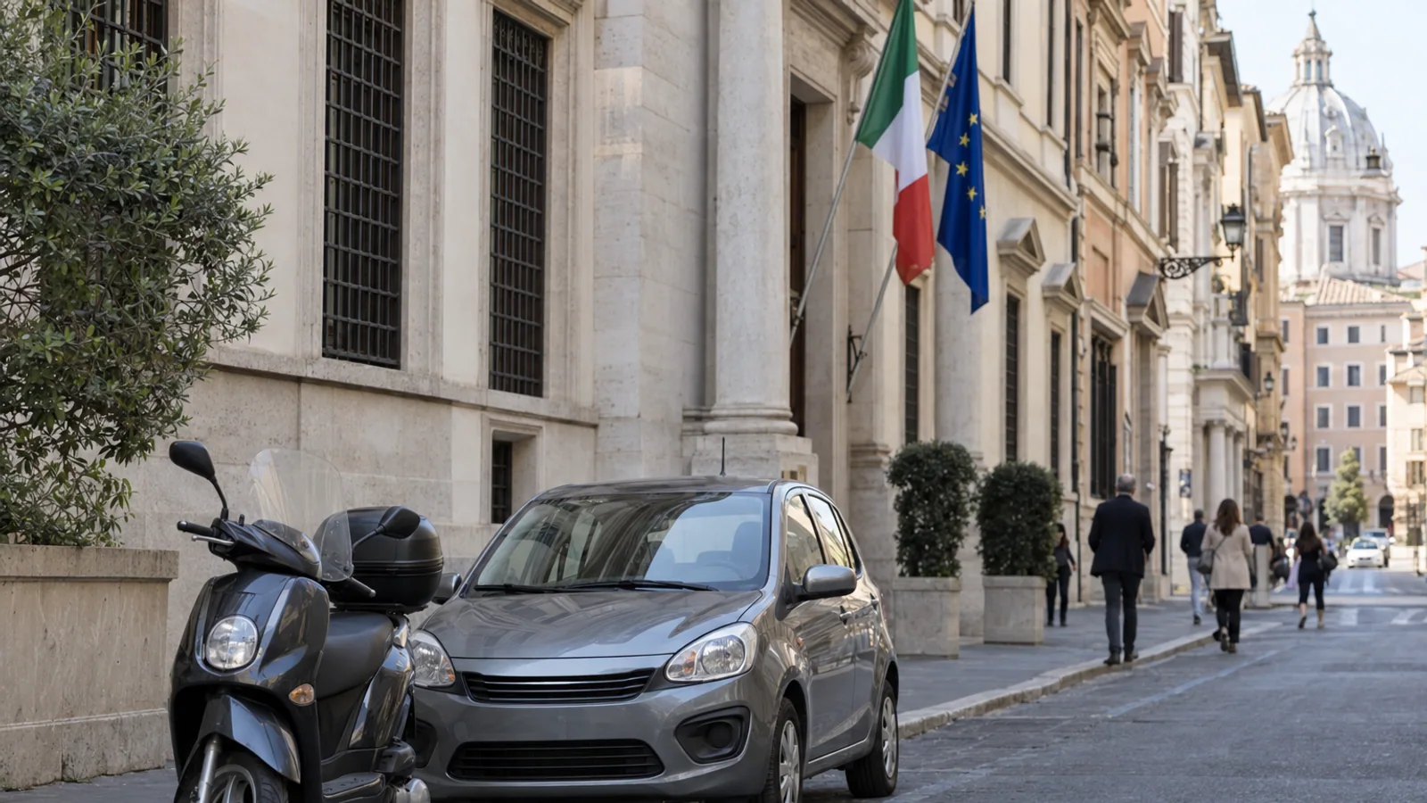 A compact car and a small motorcycle parked on a street near a government office in Rome.