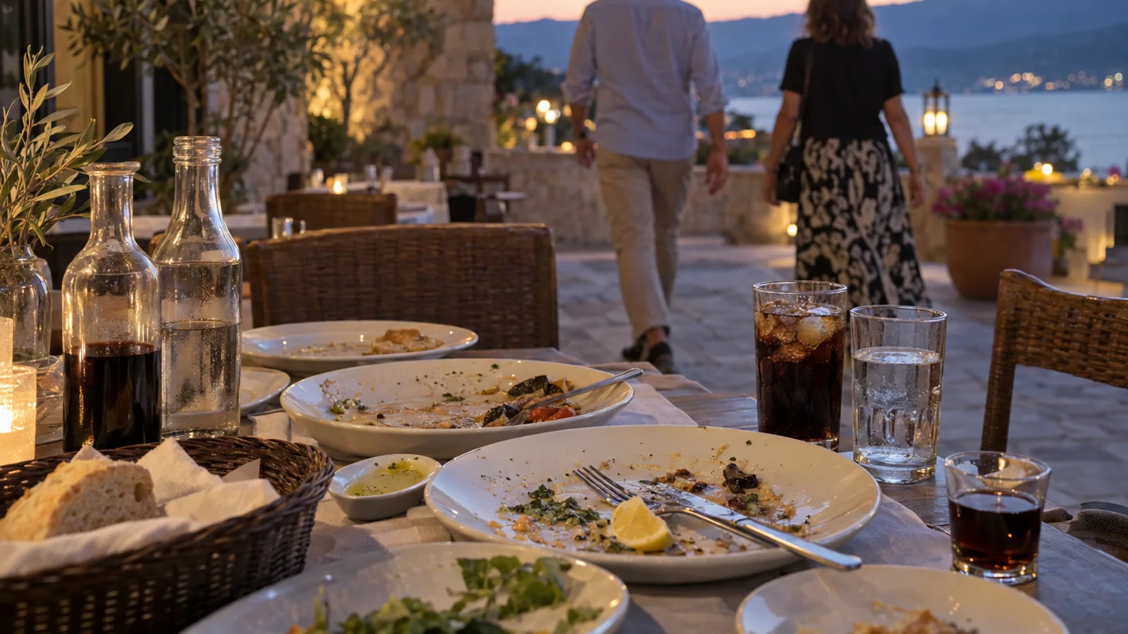 A diner takes a gentle walk outside after dinner while assorted unbranded drinks remain on the restaurant table.