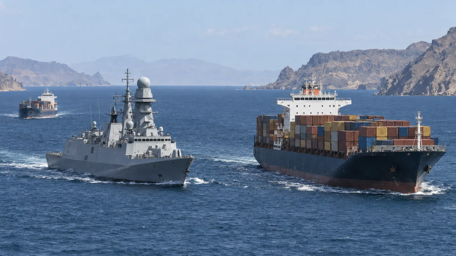 An Italian naval frigate escorts container ships through a narrow sea passage near a distant rocky coast.