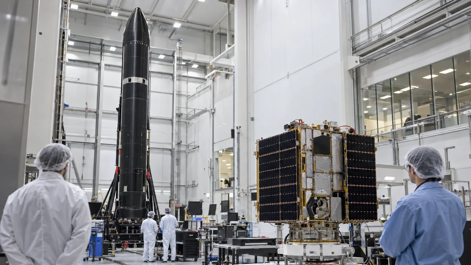 Engineers work near a small orbital rocket and a compact satellite in a spacecraft integration facility.