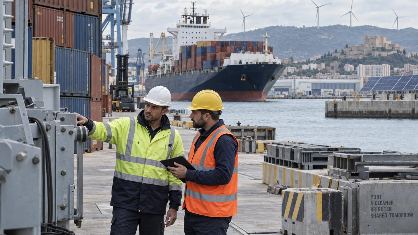 Workers inspect industrial equipment at a Mediterranean port with shipping containers, a cargo vessel, wind turbines and solar panels in the distance.
