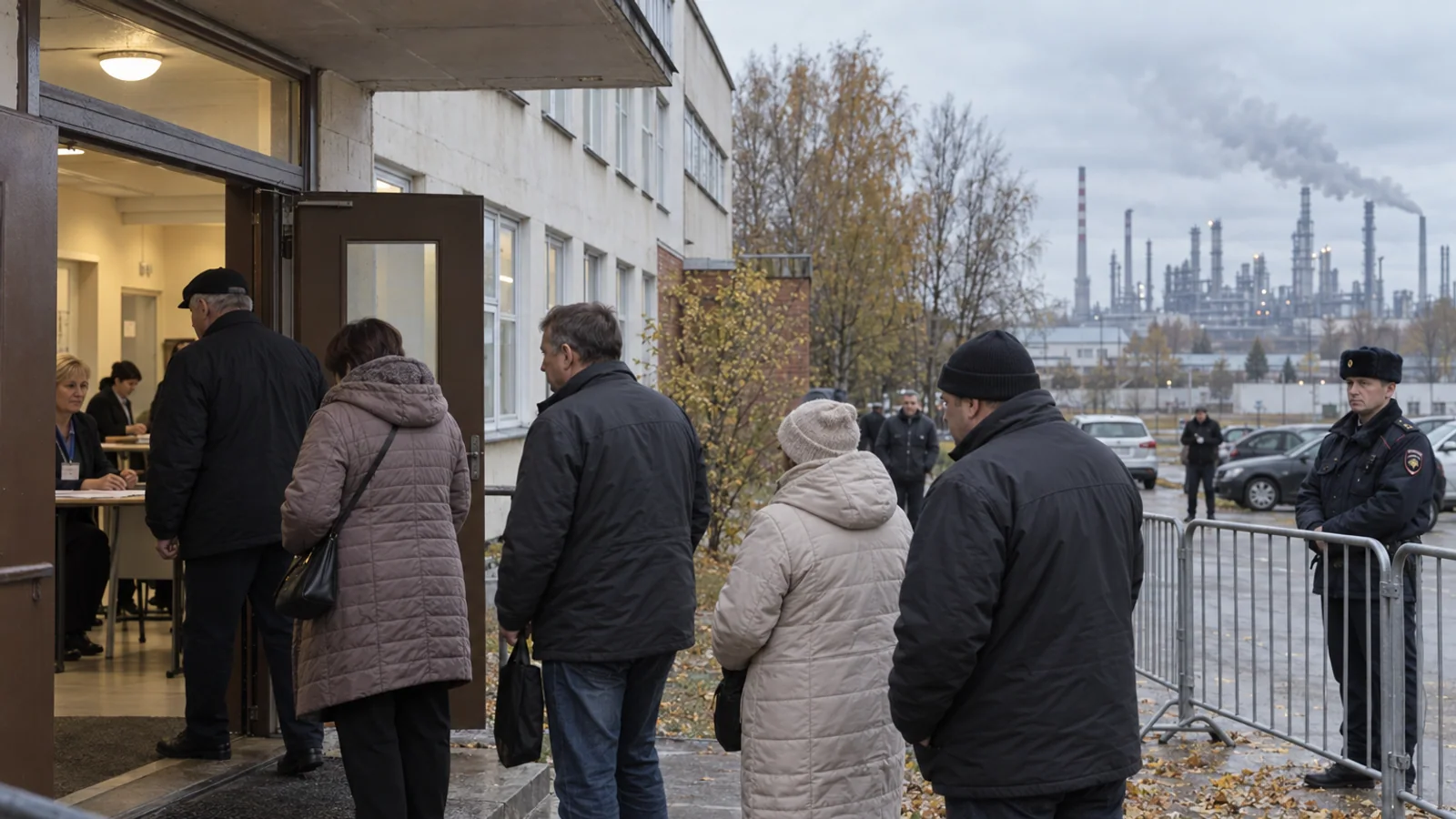 Voters queue outside a Moscow-region polling station, with an oil refinery visible in the distance under an overcast sky.