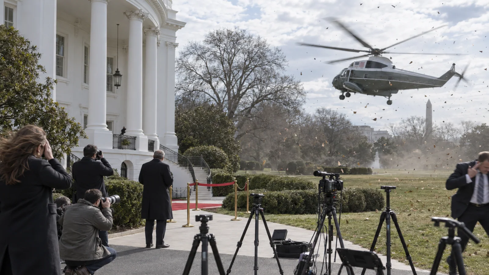 Sparse camera positions and a small streaming setup outside the White House as a helicopter takes off in the background.