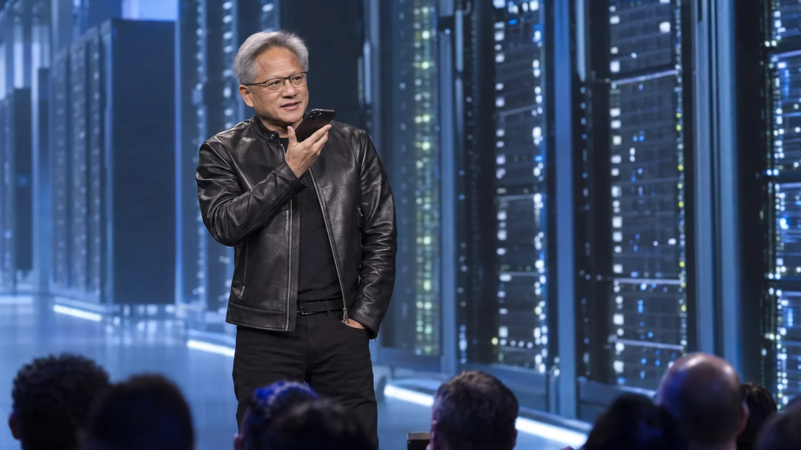 Jensen Huang in a black leather jacket holds a smartphone onstage before an audience, with a softly lit server-rack backdrop.