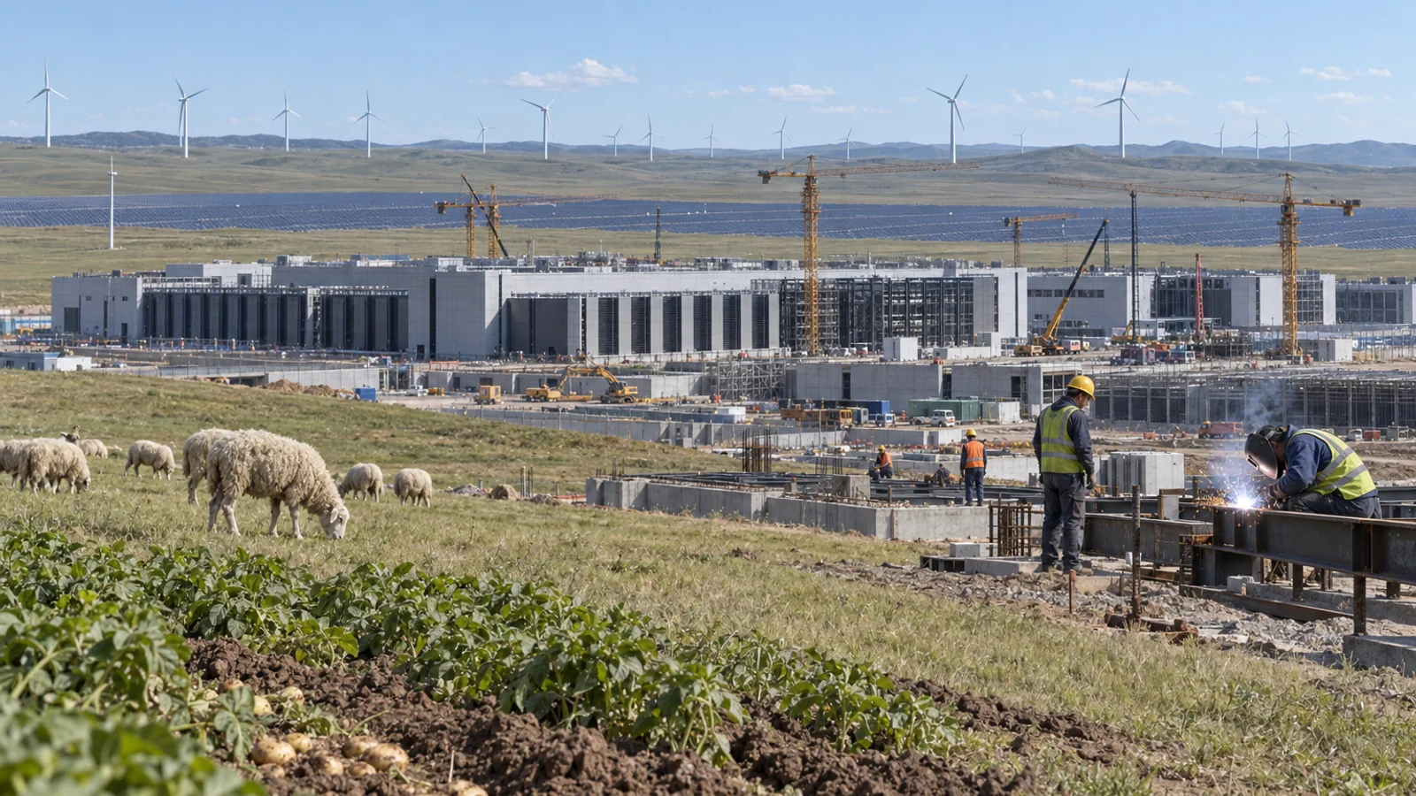 Data-centre construction beside grassland in Inner Mongolia, with solar panels, wind turbines, nearby farmland and grazing sheep.