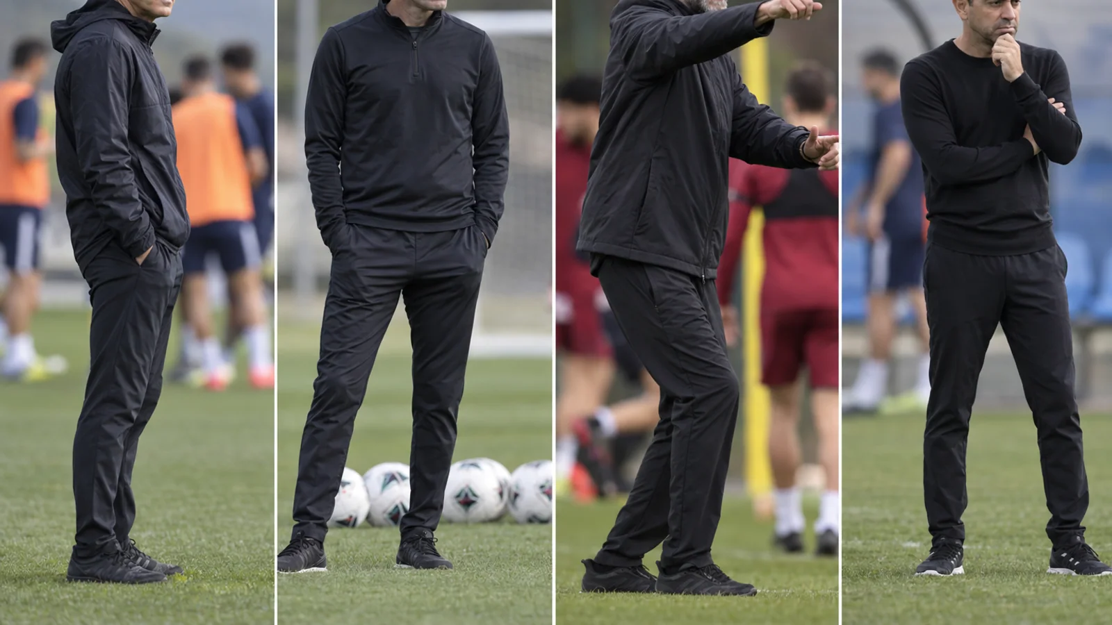 Four football coaches—Roberto Mancini, Zinedine Zidane, Jürgen Klopp and Xavi—shown in a documentary-style composite during international team training sessions.