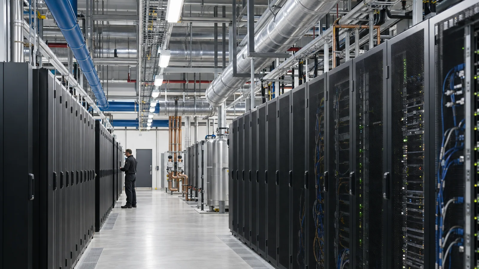 A technician stands in a modern data centre with rows of server racks and overhead cooling infrastructure.