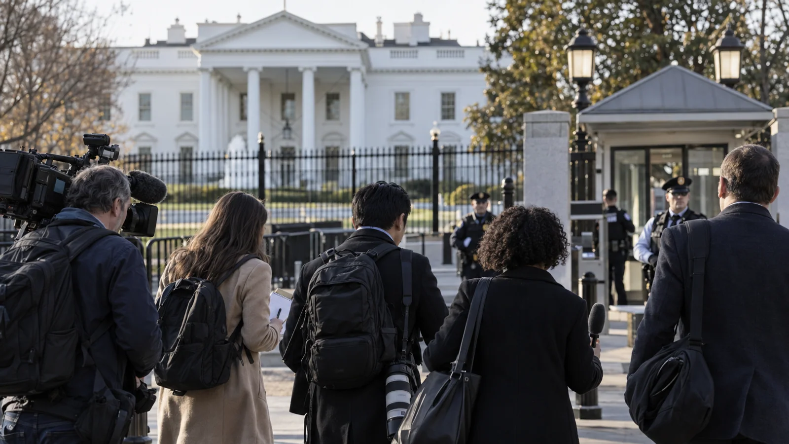Journalists carrying cameras and notebooks walk toward a White House security entrance as the building stands in the background.