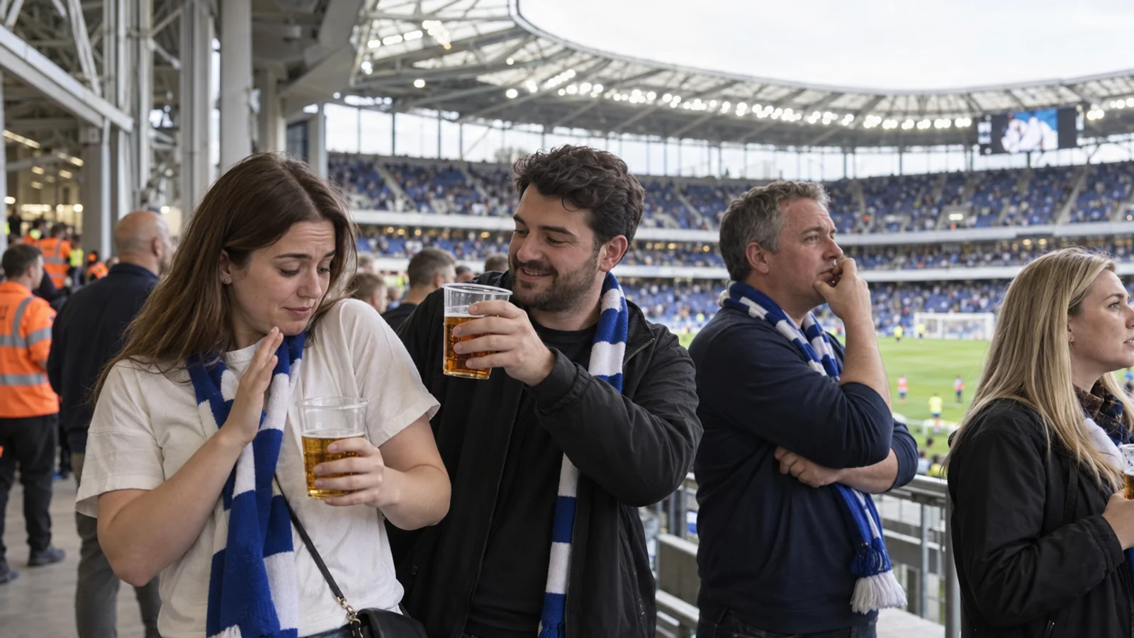 Football supporters on a stadium concourse near the stands, with some holding plastic cups of beer and others looking towards the pitch.