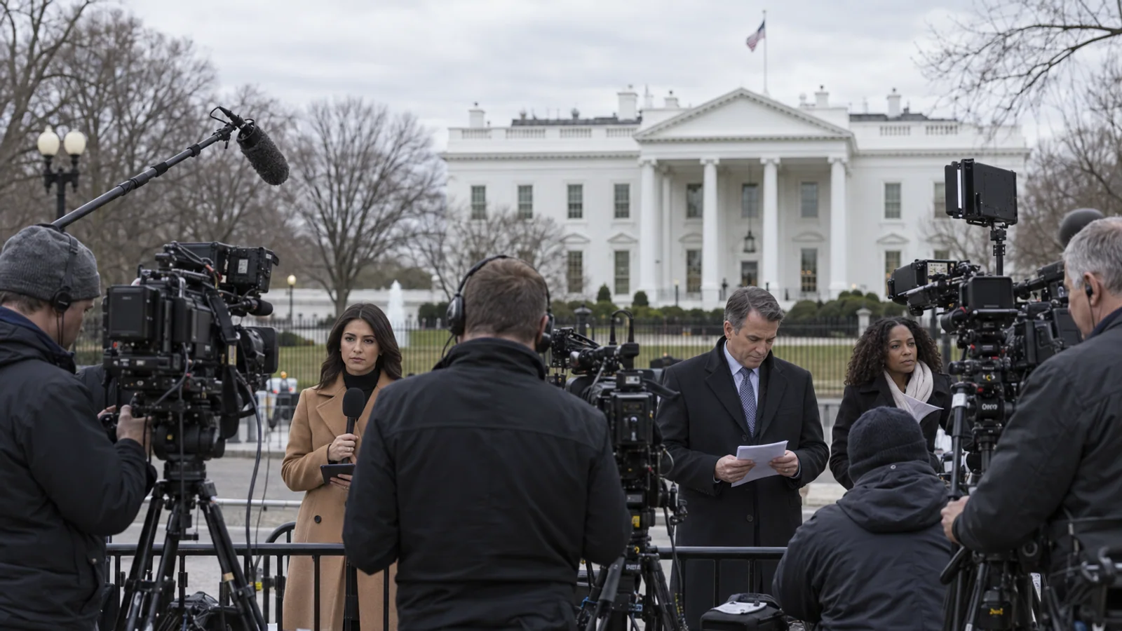 Television journalists and camera crews gather outside the White House as press coverage resumes.