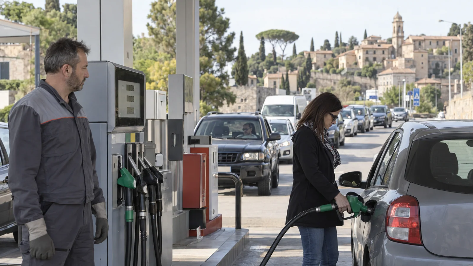 A driver refuels a compact car at an unbranded Italian fuel station while an attendant stands near the pumps.