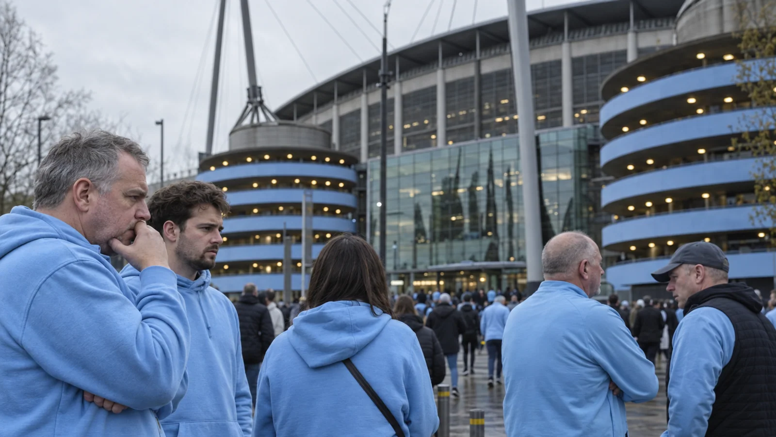 Supporters in plain sky-blue clothing stand outside the Etihad Stadium as Manchester City’s financial case remains unresolved.