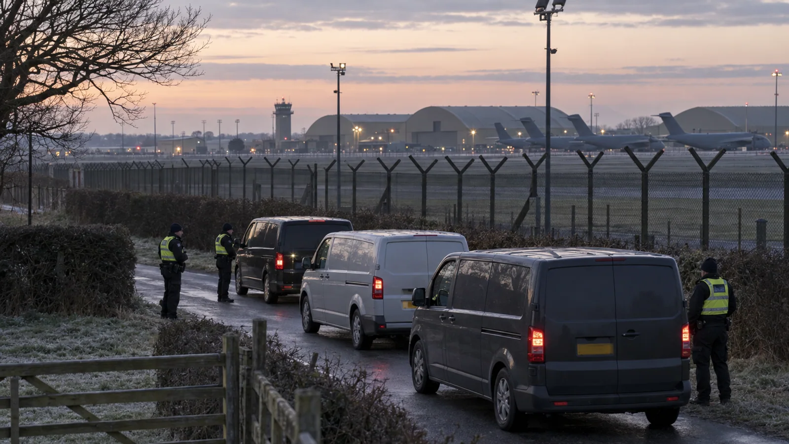 Police officers and three unmarked vans on a rural lane beside the perimeter fence of RAF Fairford, with fields and distant hangars in the background.