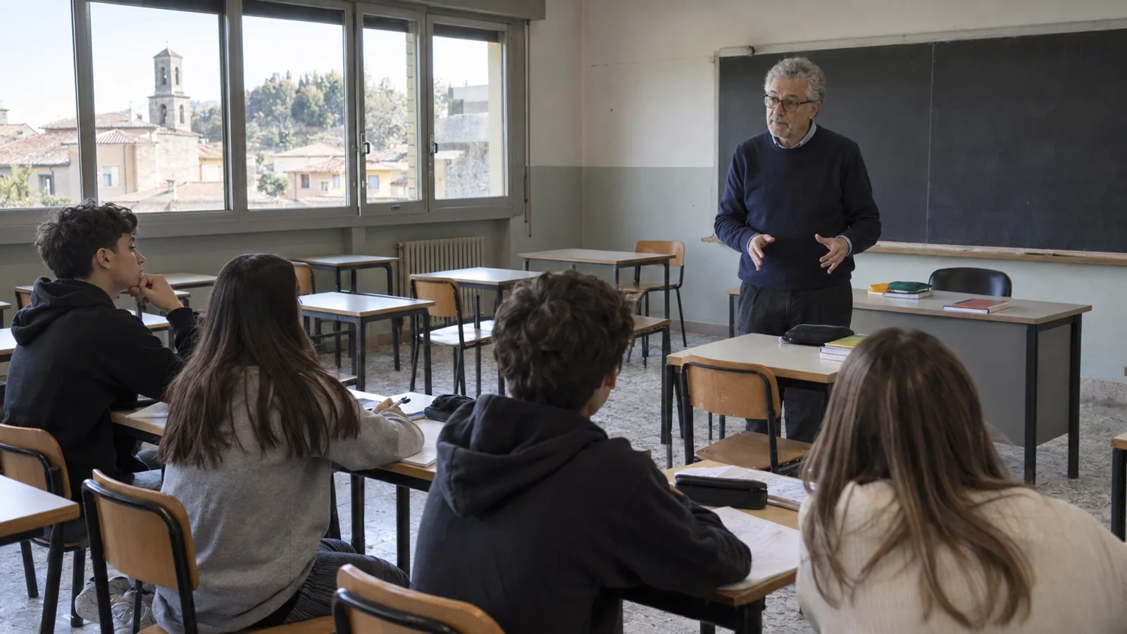 An older teacher leads a lesson for teenagers in a classroom with several empty desks.