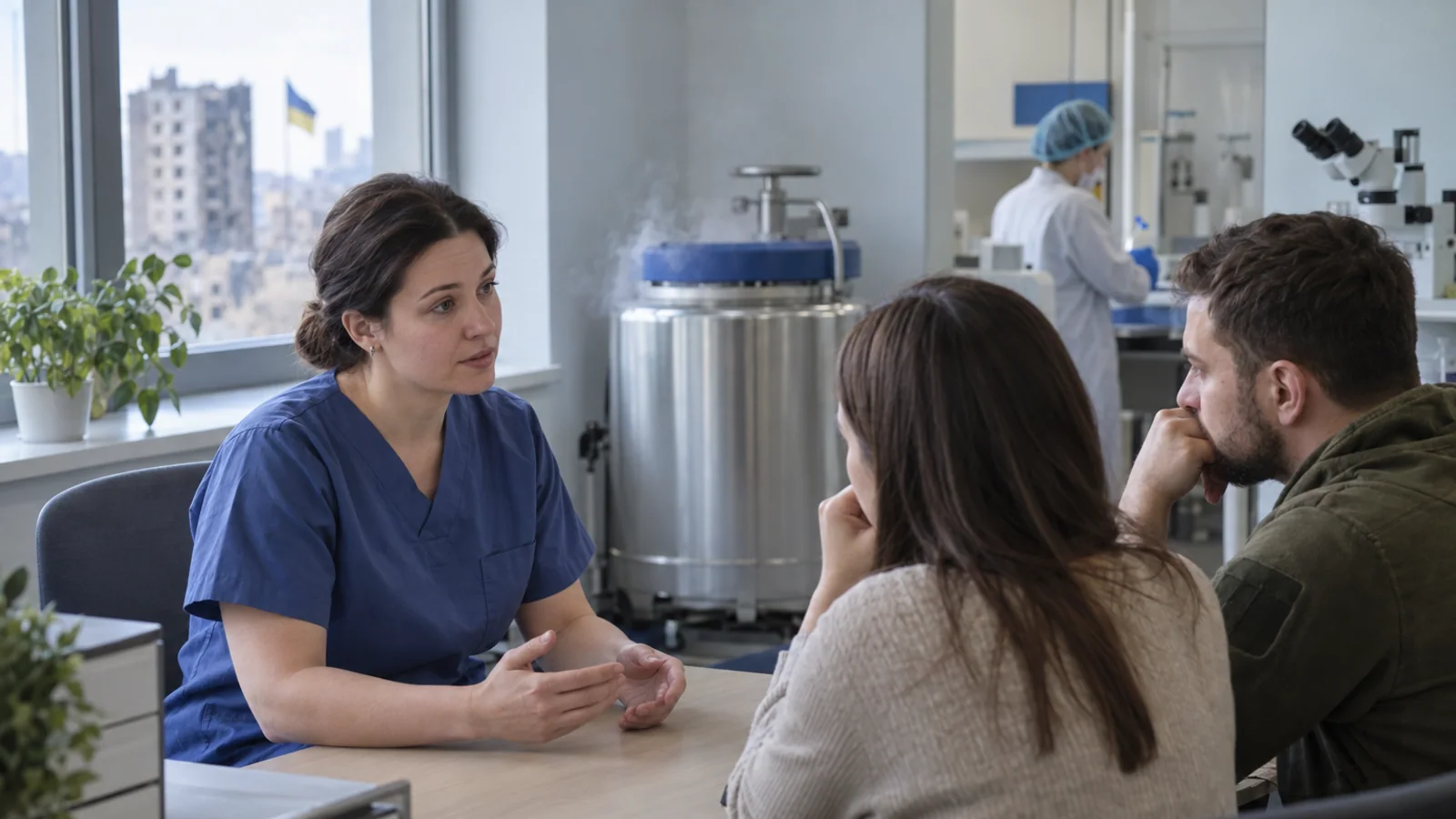 A healthcare professional talks with a couple in a fertility clinic, with fertility preservation equipment in the background.