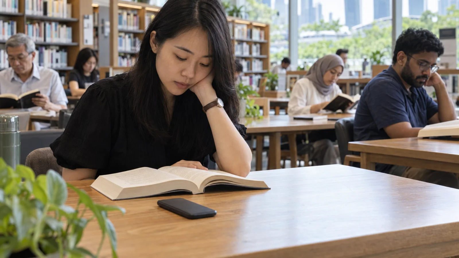 An adult reads an open book at a table in a modern public library, with a phone face down nearby.