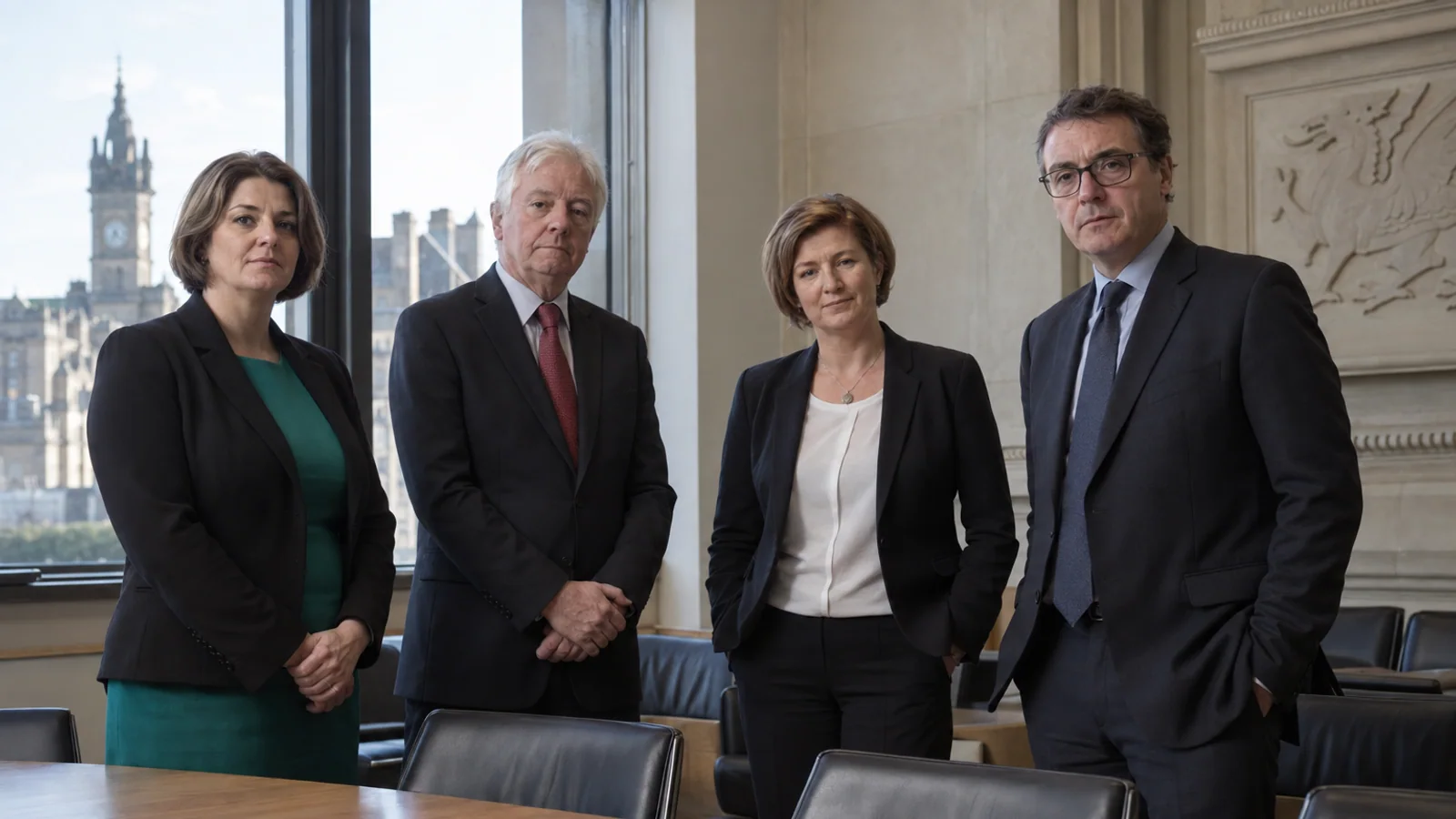 Four political leaders in business attire stand together in a formal meeting room in Cardiff after discussing independence movements in Scotland, Wales and Northern Ireland.
