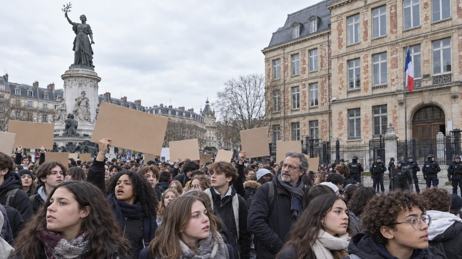 Students and a teacher gather peacefully in a Lille square during a protest over school conditions and equal access to education.