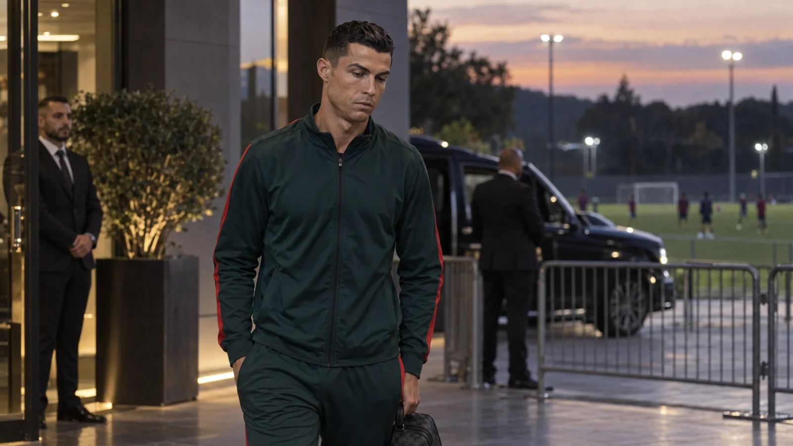 Cristiano Ronaldo walks alone outside a team hotel carrying a small bag, with a training pitch blurred in the background.