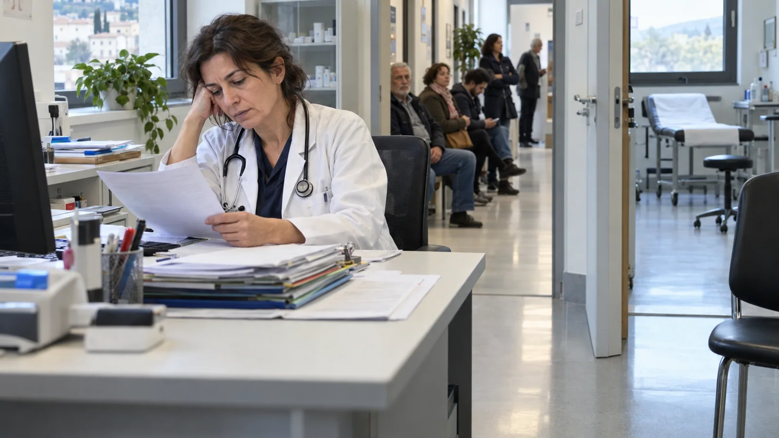 A general practitioner reviews a file in a community health centre while several patients wait in the corridor.