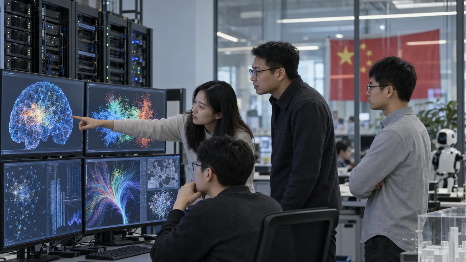 Engineers in a Beijing AI laboratory monitor abstract data displays beside server equipment, with a Chinese flag blurred in the background.
