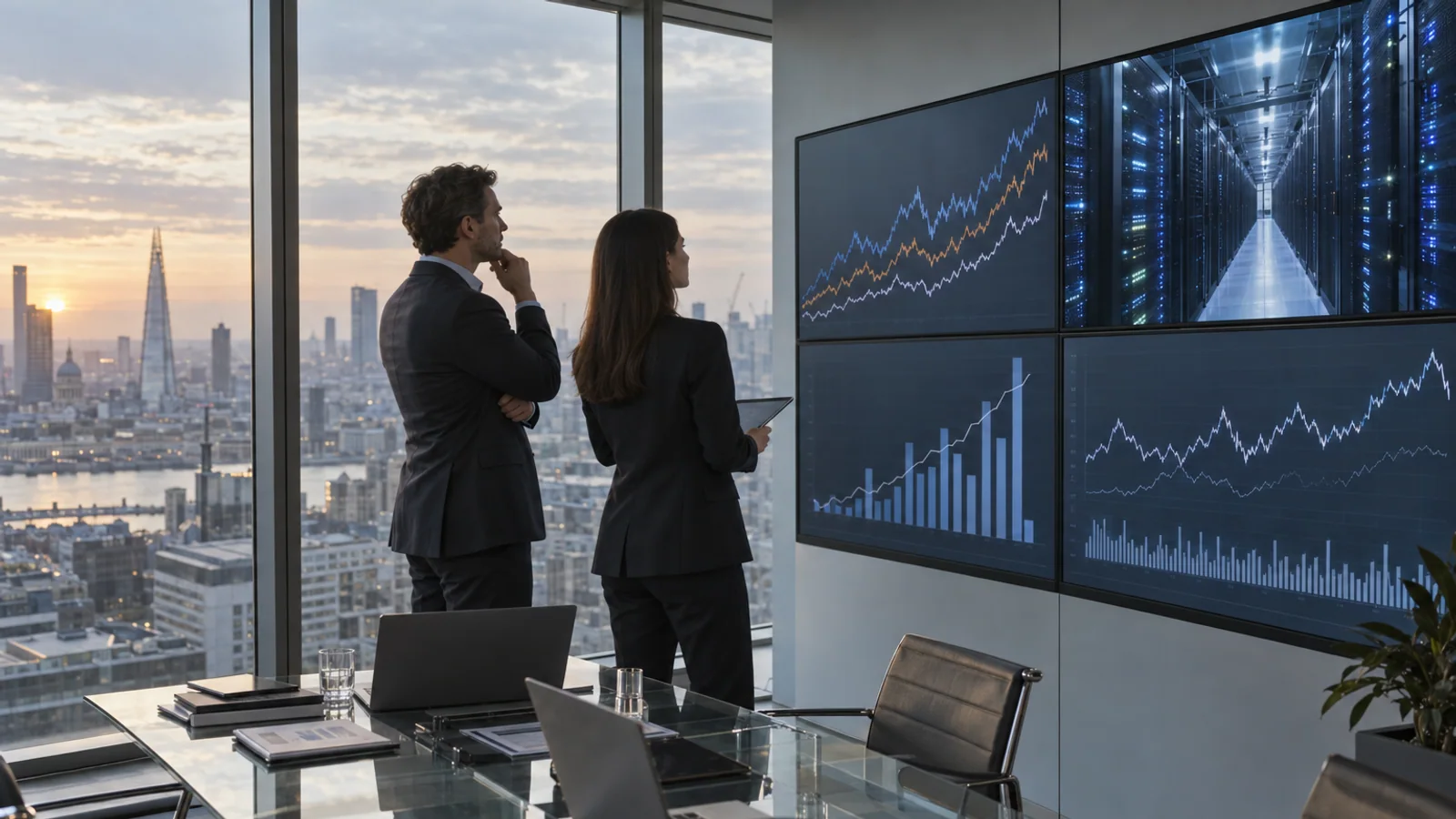 Two finance professionals examine unlabeled market charts and a data-center image in a modern investment office.