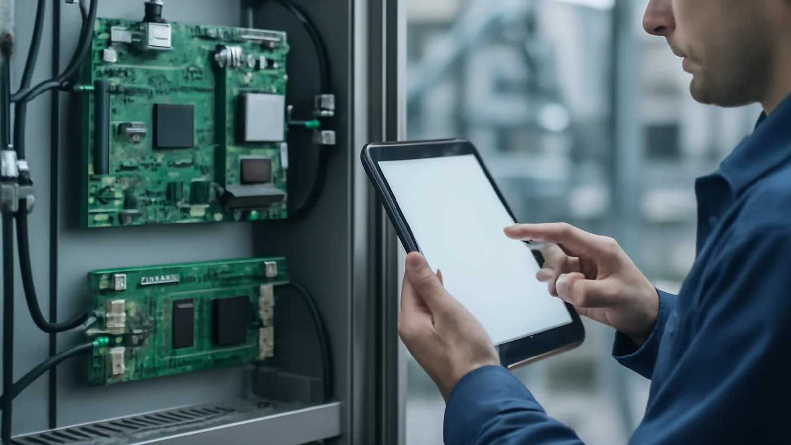 An unbranded embedded processor and sensors installed in an industrial machine-control cabinet, with a technician nearby in a factory.
