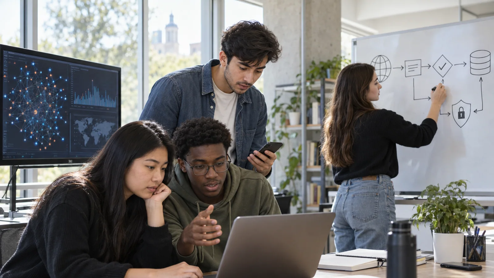 Young adult developers collaborate around laptops and abstract data displays in a technology lab, suggesting AI fact-checking and cybersecurity work.