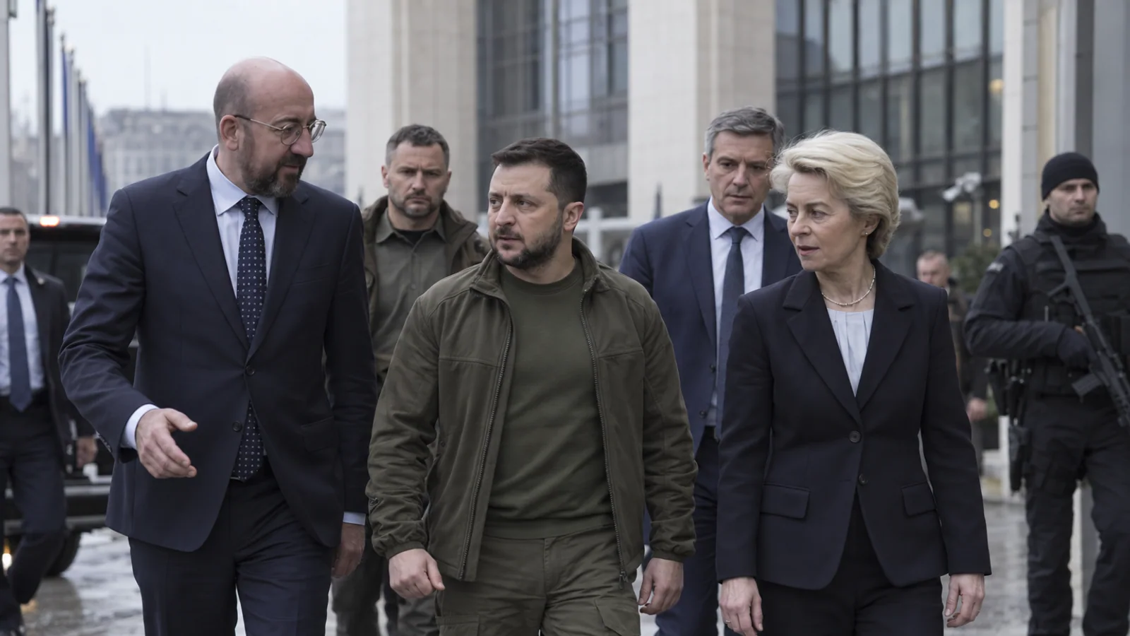 Volodymyr Zelensky walks with European officials outside a modern government building on an overcast day.