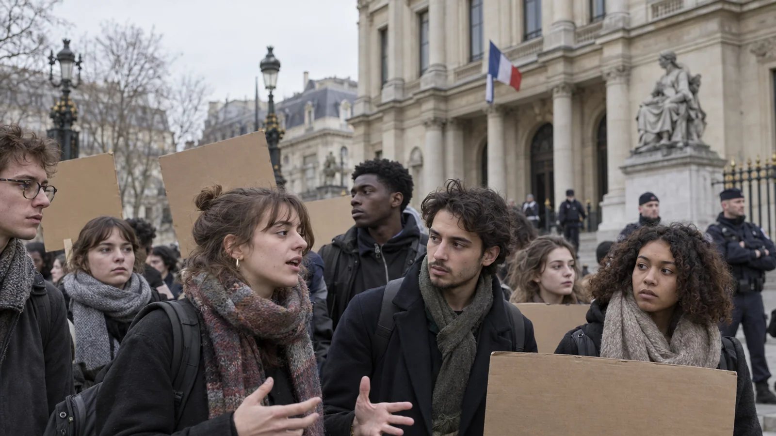 Students gather peacefully outside a public building in Paris, holding blank placards during an overcast day.