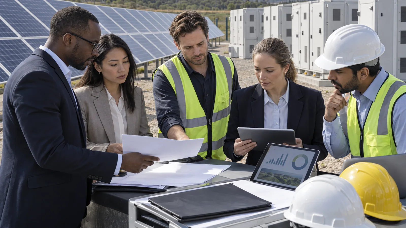 Finance and renewable-energy professionals meet beside solar panels and battery storage equipment.