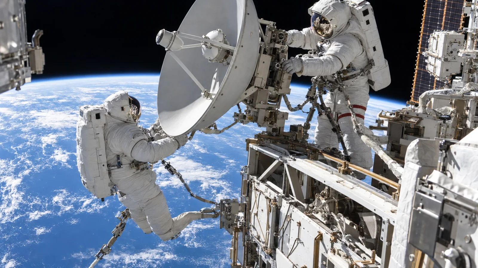 Two astronauts on the exterior of the International Space Station work together beside a large communications antenna, with Earth visible below.