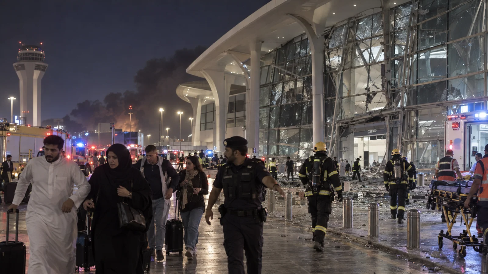 Emergency responders assist passengers outside a damaged airport terminal in Riyadh after an attack.