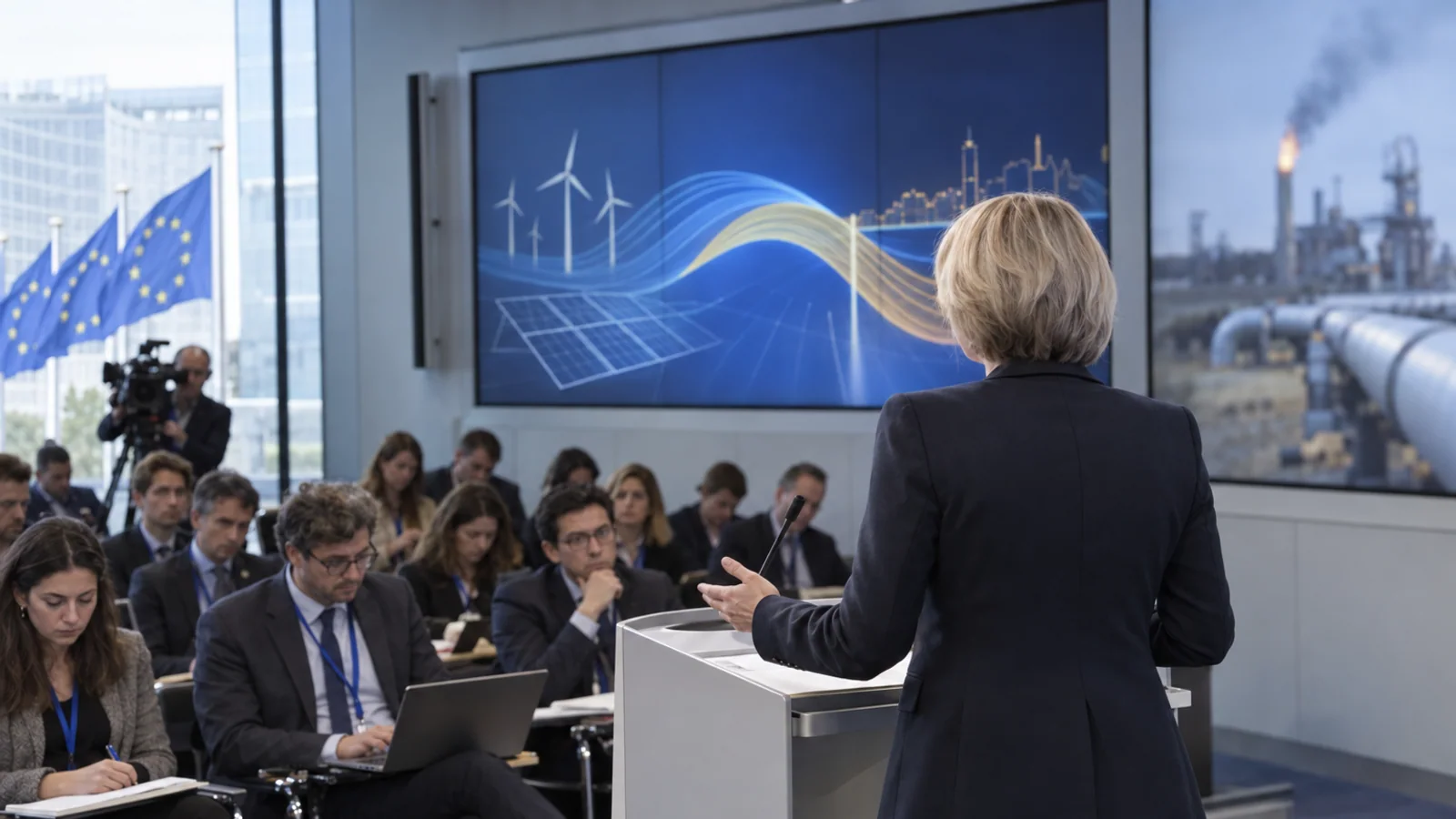 Officials and journalists attend an EU energy policy briefing in a modern press room, with abstract energy graphics displayed behind the speaker.